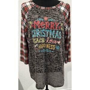 Christmas Tees 2 Ur Door Black Slub Jersey with Plaid Sleeves Size XL